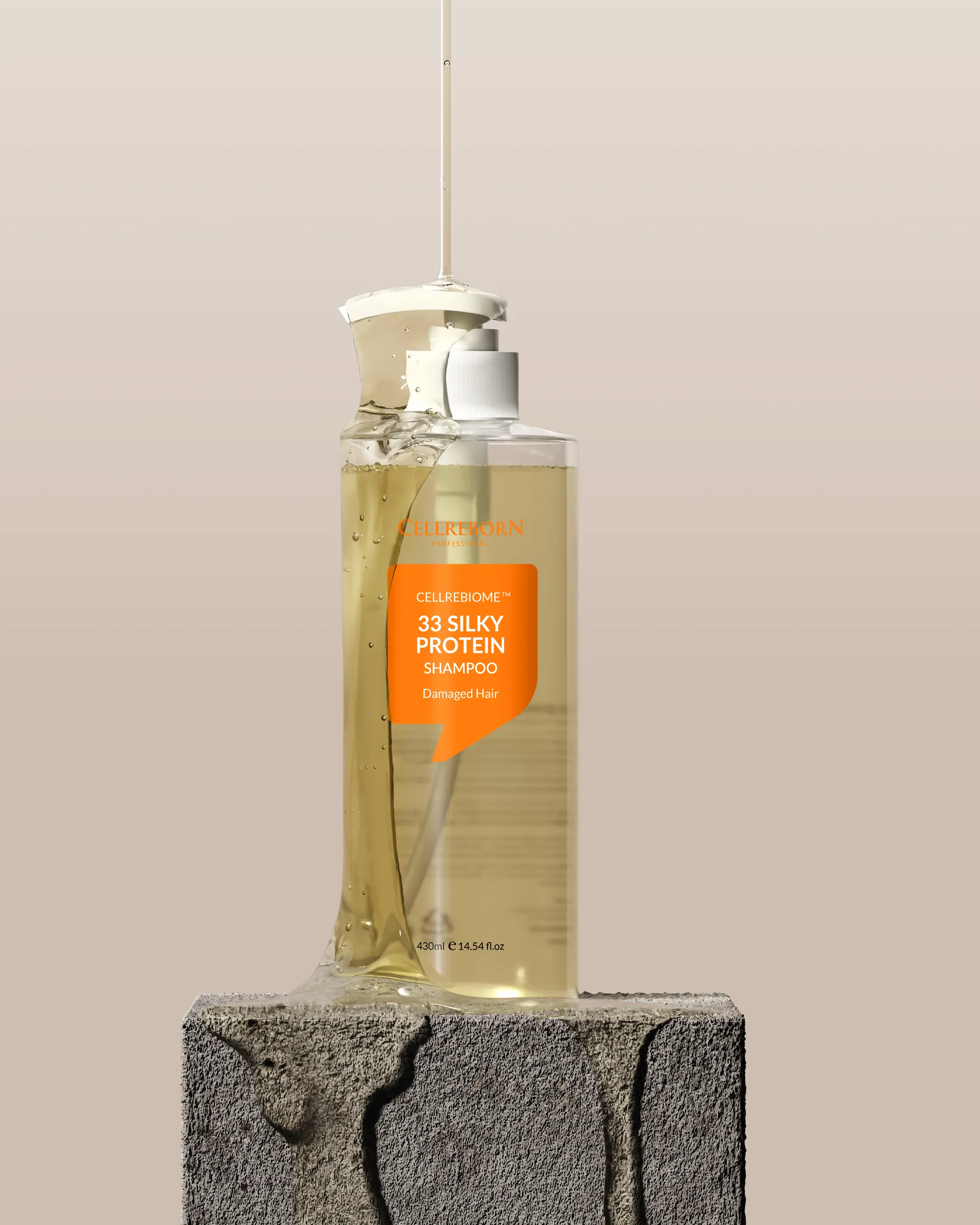 Cellrebiome 33 Silky Protein Shampoo on a stone block in soft light