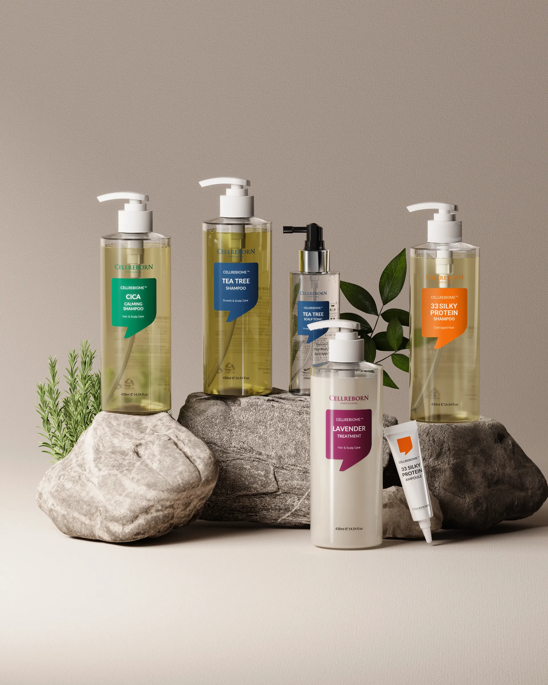 Cellrebiome shampoos, scalp tonic and treatments arranged on stone with green leaves