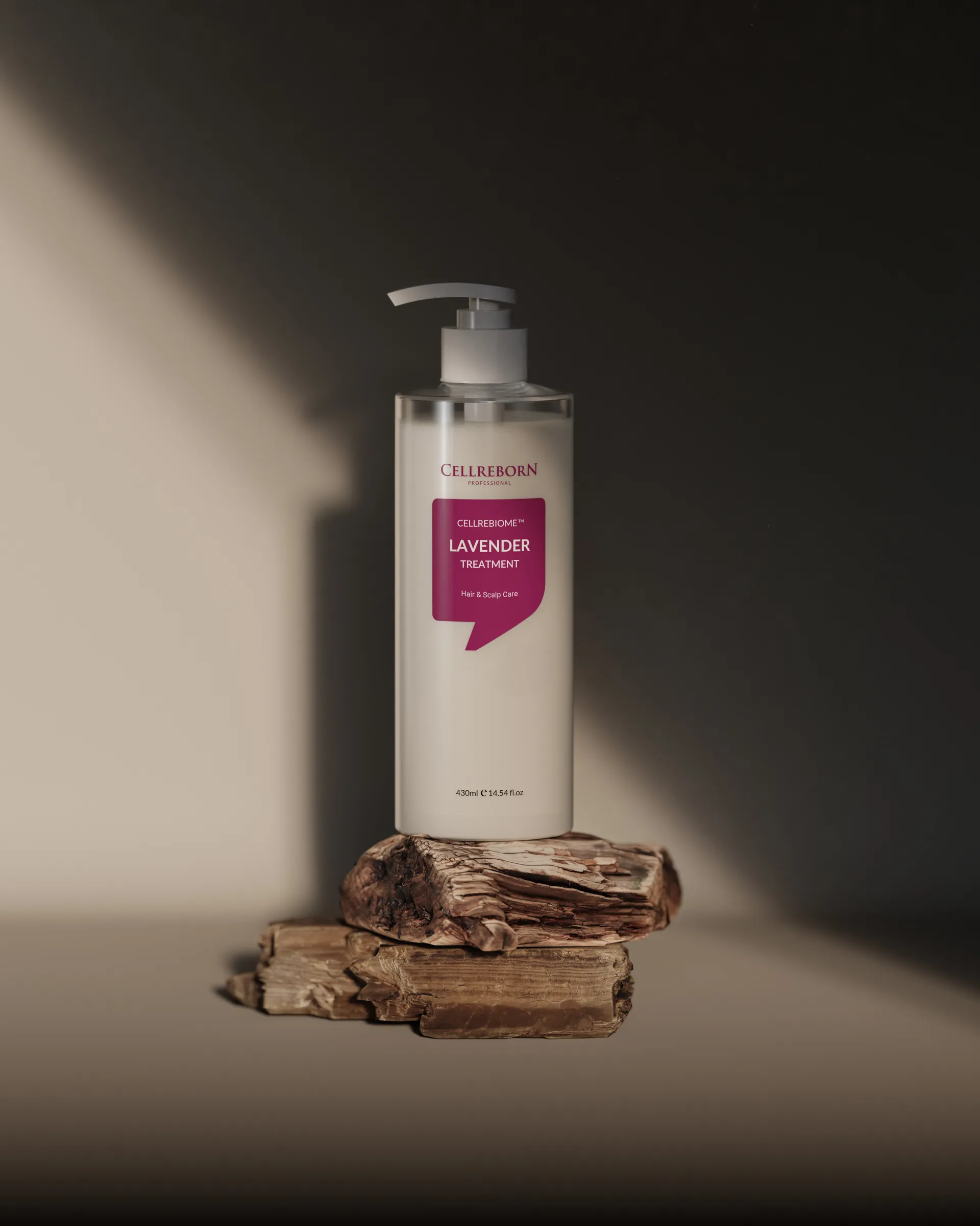 Cellrebiome Lavender Treatment on wood in a dark, shadowed room
