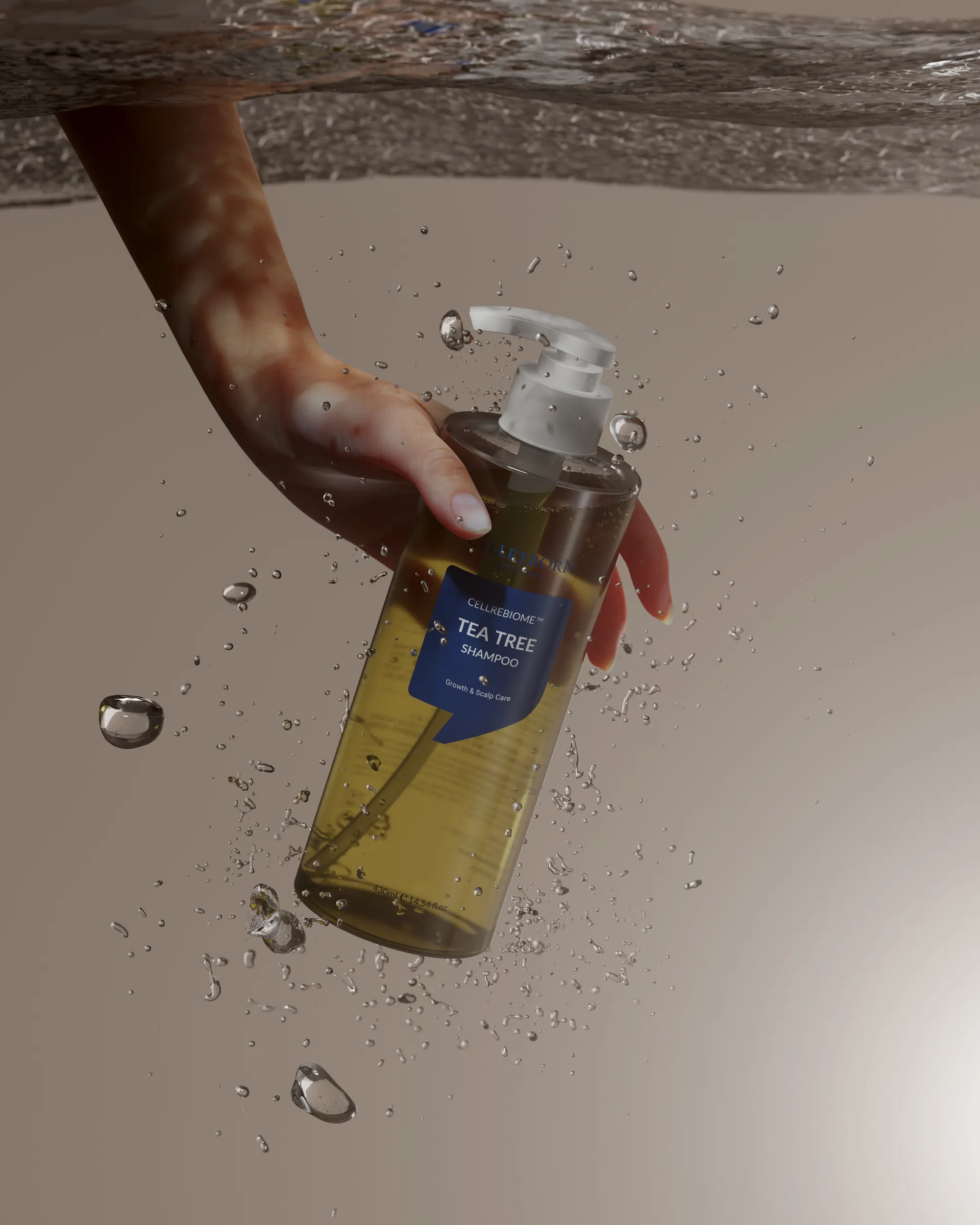 Cellrebiome Tea Tree Shampoo held in a stream of water