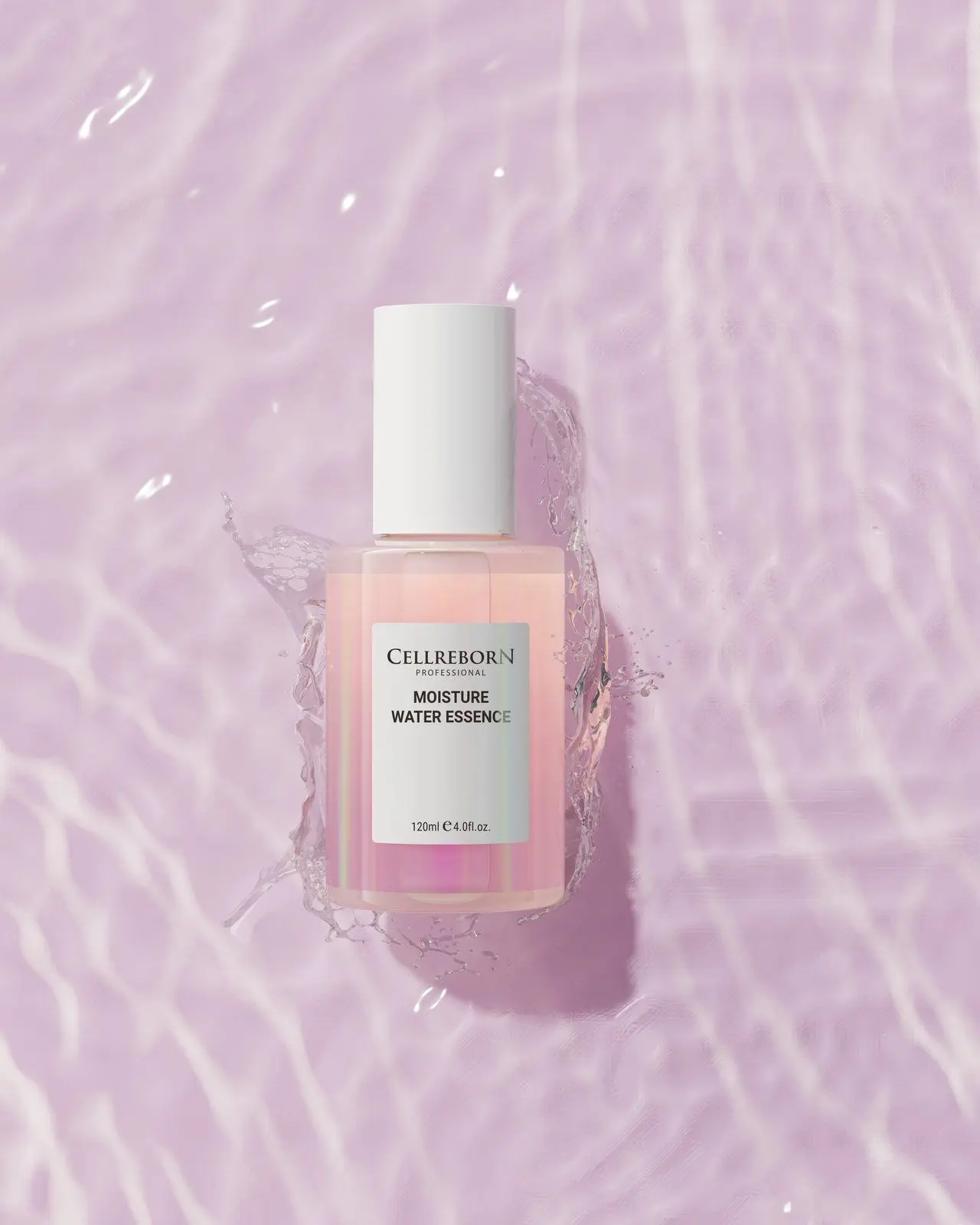 CELLREBORN Athens Moisture Water Essence bottle resting in rippling lilac water, seen from above