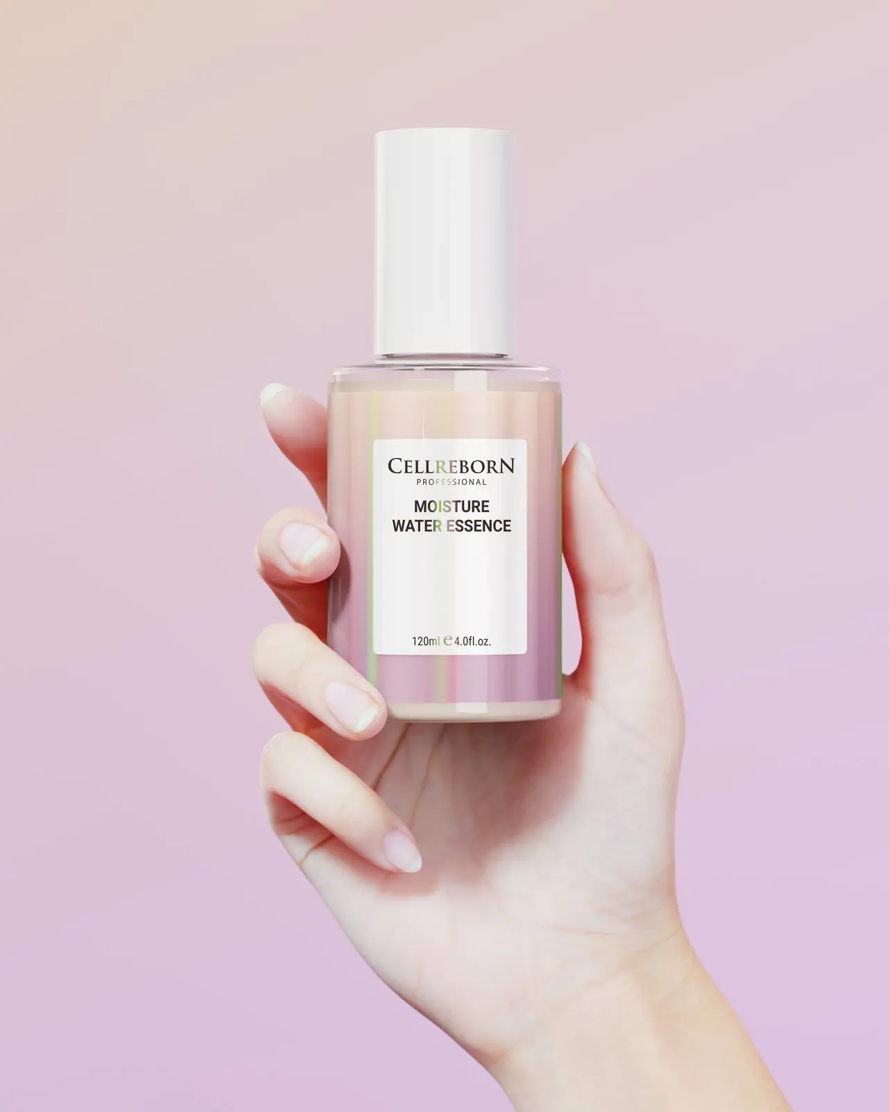 A hand holding a CELLREBORN Athens Moisture Water Essence bottle against a lilac backdrop
