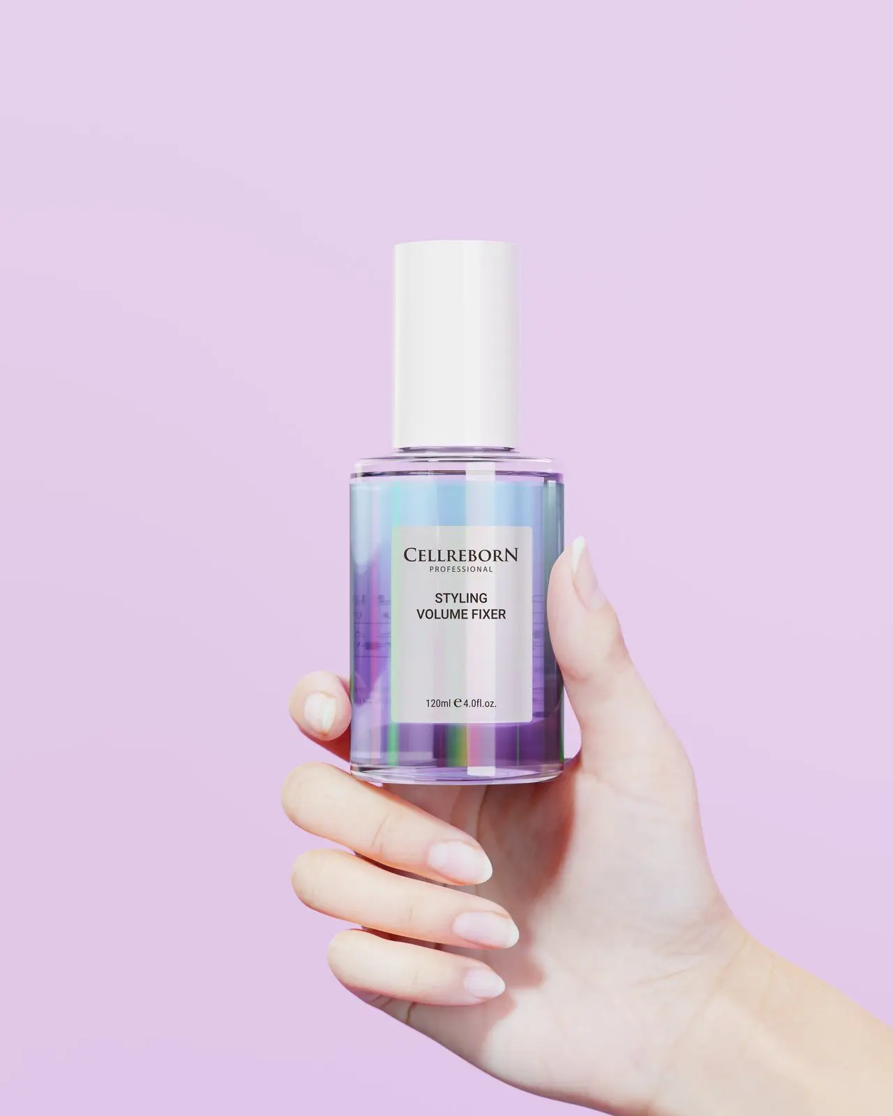 A hand holding a CELLREBORN Athens Styling Volume Fixer bottle against a lilac backdrop