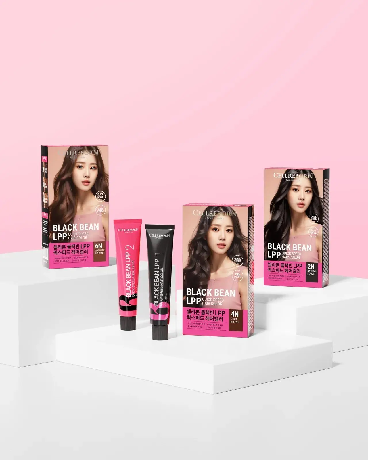 CELLREBORN Black Bean LPP Quick Speed Hair Color boxes and tubes on a pink and white set
