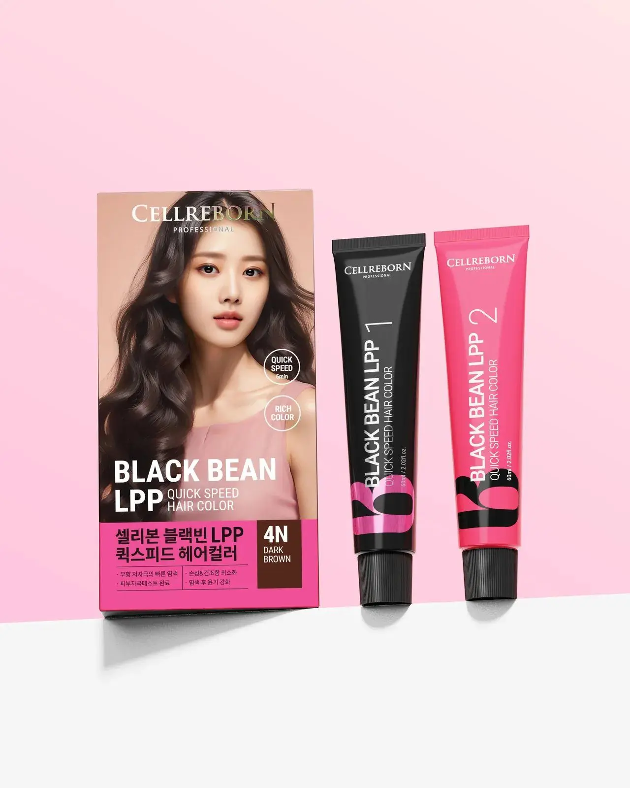 CELLREBORN Black Bean LPP Quick Speed Hair Color boxes and tubes on a pink and white set