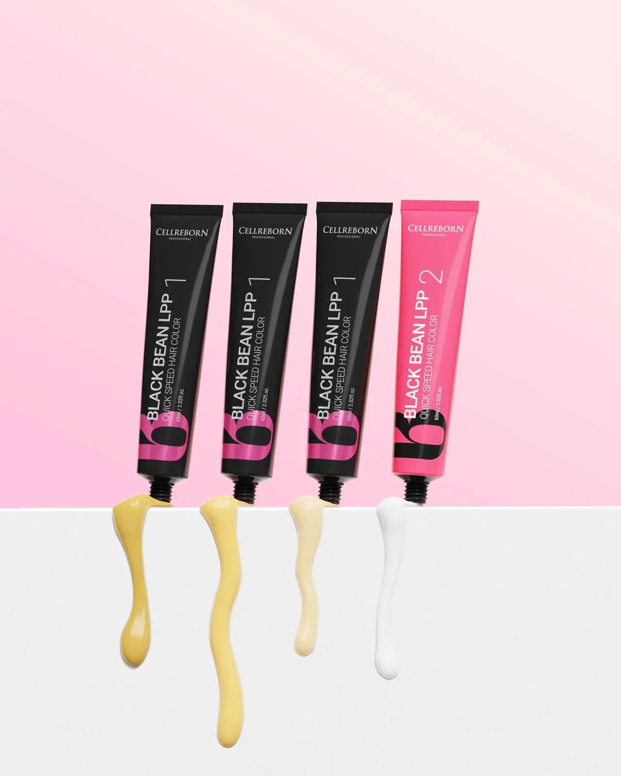 CELLREBORN Black Bean LPP Quick Speed Hair Color boxes and tubes on a pink and white set