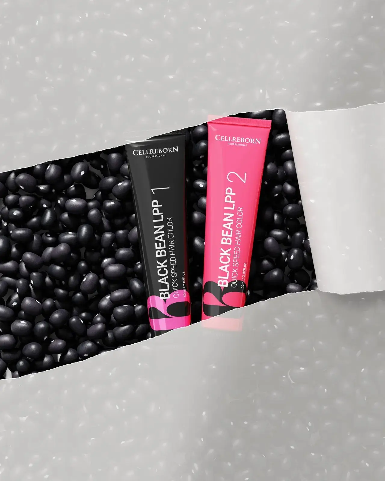 CELLREBORN Black Bean LPP Quick Speed Hair Color boxes and tubes on a pink and white set