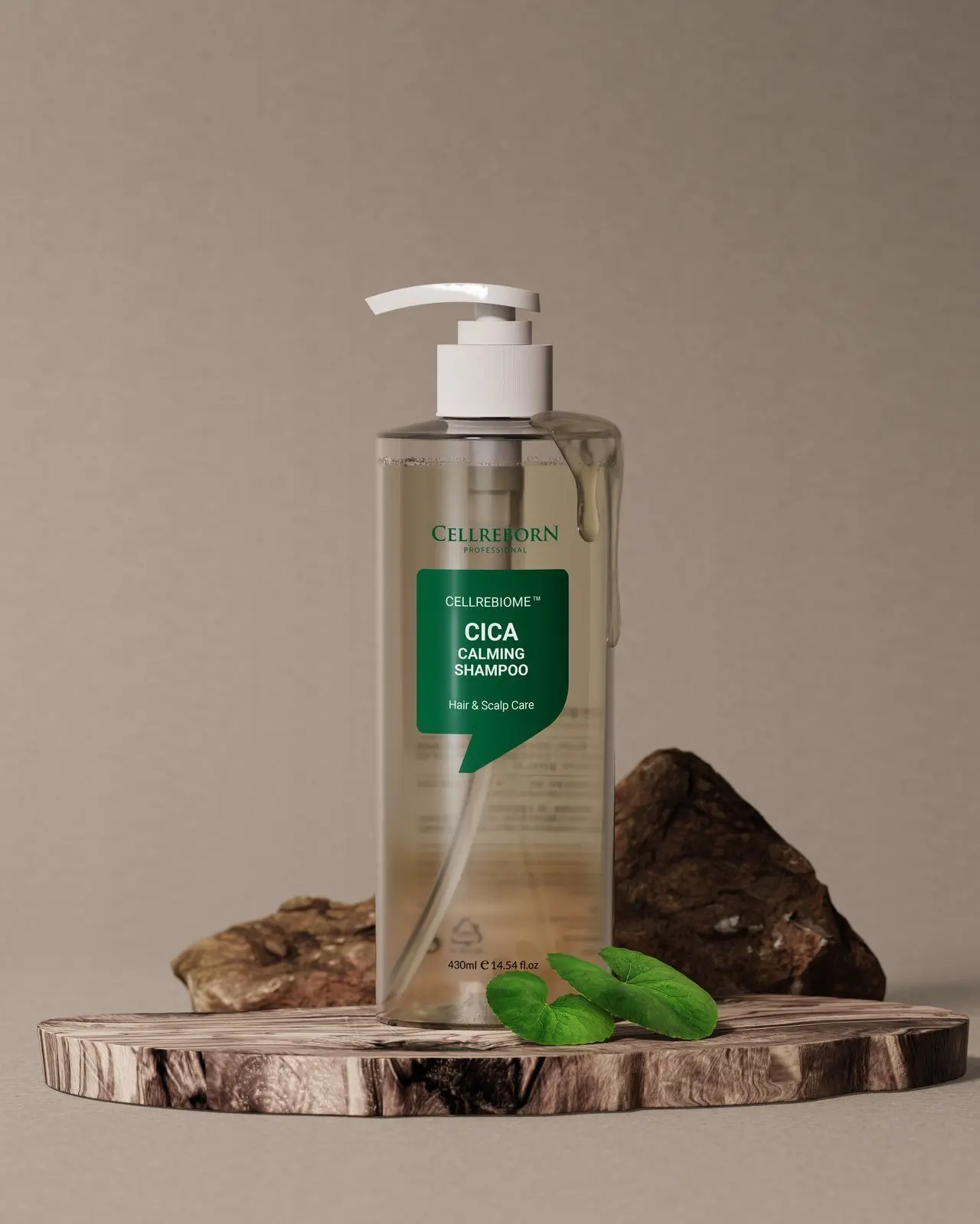 Cellrebiome Cica Calming Shampoo bottle on a wooden slice with a dark stone and green leaves