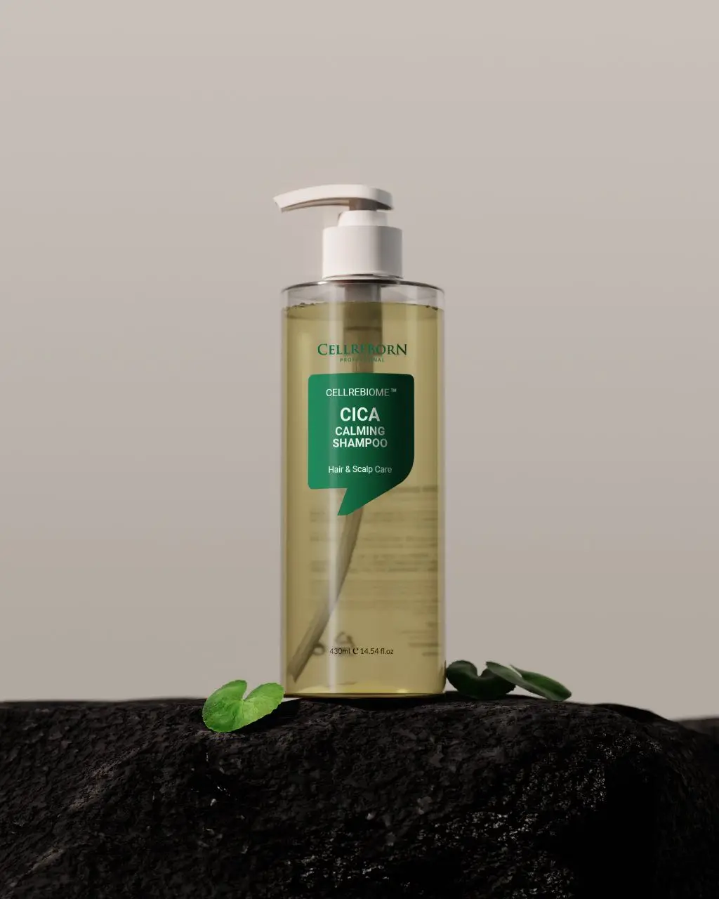 Cellrebiome Cica Calming Shampoo bottle on dark volcanic stone with a green leaf