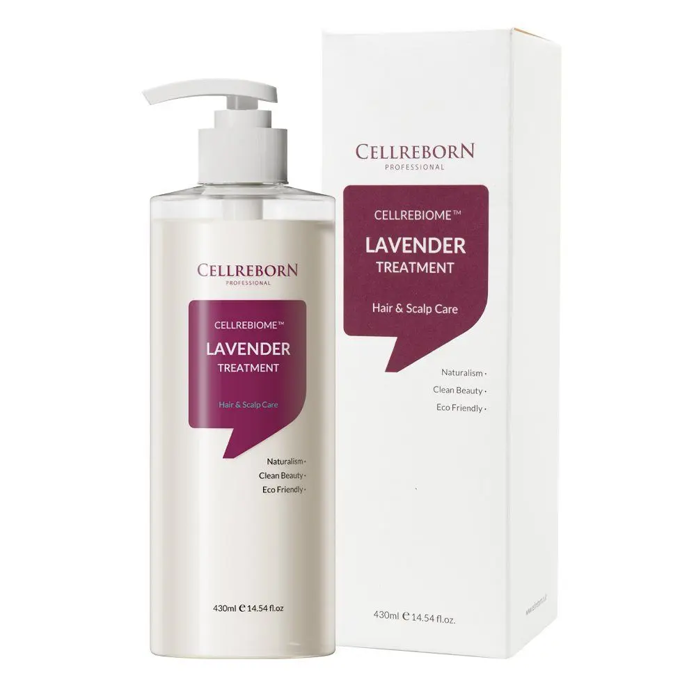 Cellrebiome Lavender Treatment bottle beside its white carton