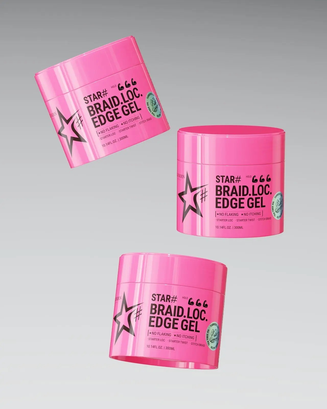 Three pink CELLREBORN STAR# Braid Loc Edge Gel jars floating against a grey gradient