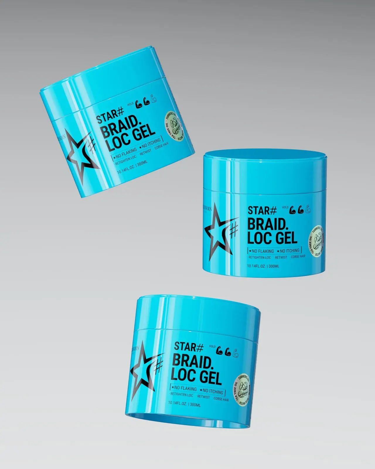 Three blue CELLREBORN STAR# Braid Loc Gel jars floating against a grey gradient