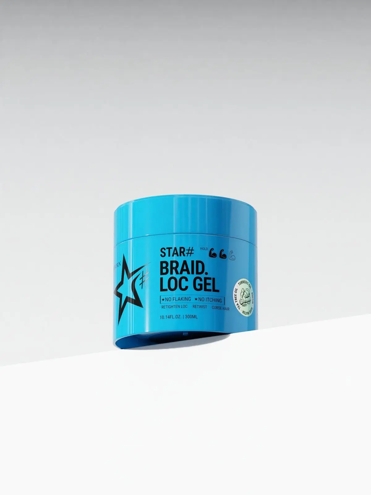 Blue CELLREBORN STAR# Braid Loc Gel jar on a white ledge against a grey backdrop