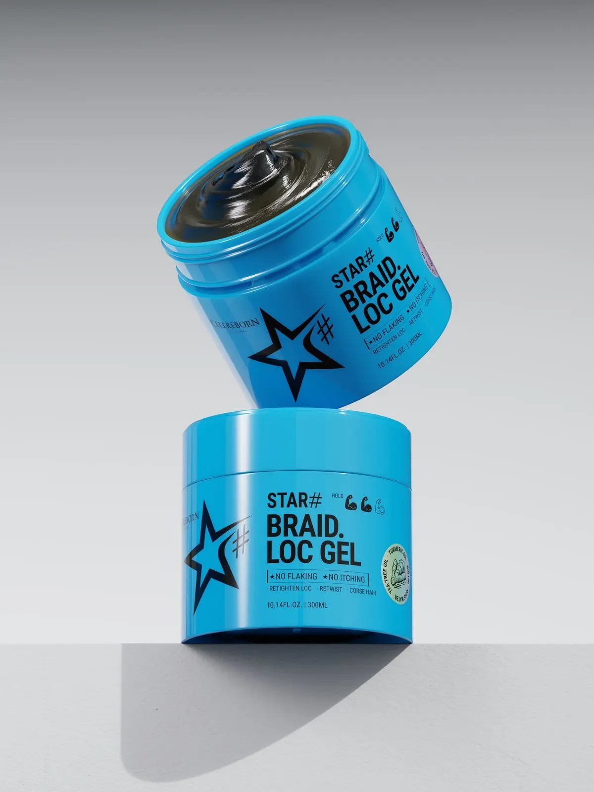 Two blue CELLREBORN STAR# Braid Loc Gel jars stacked, one open, on a white ledge