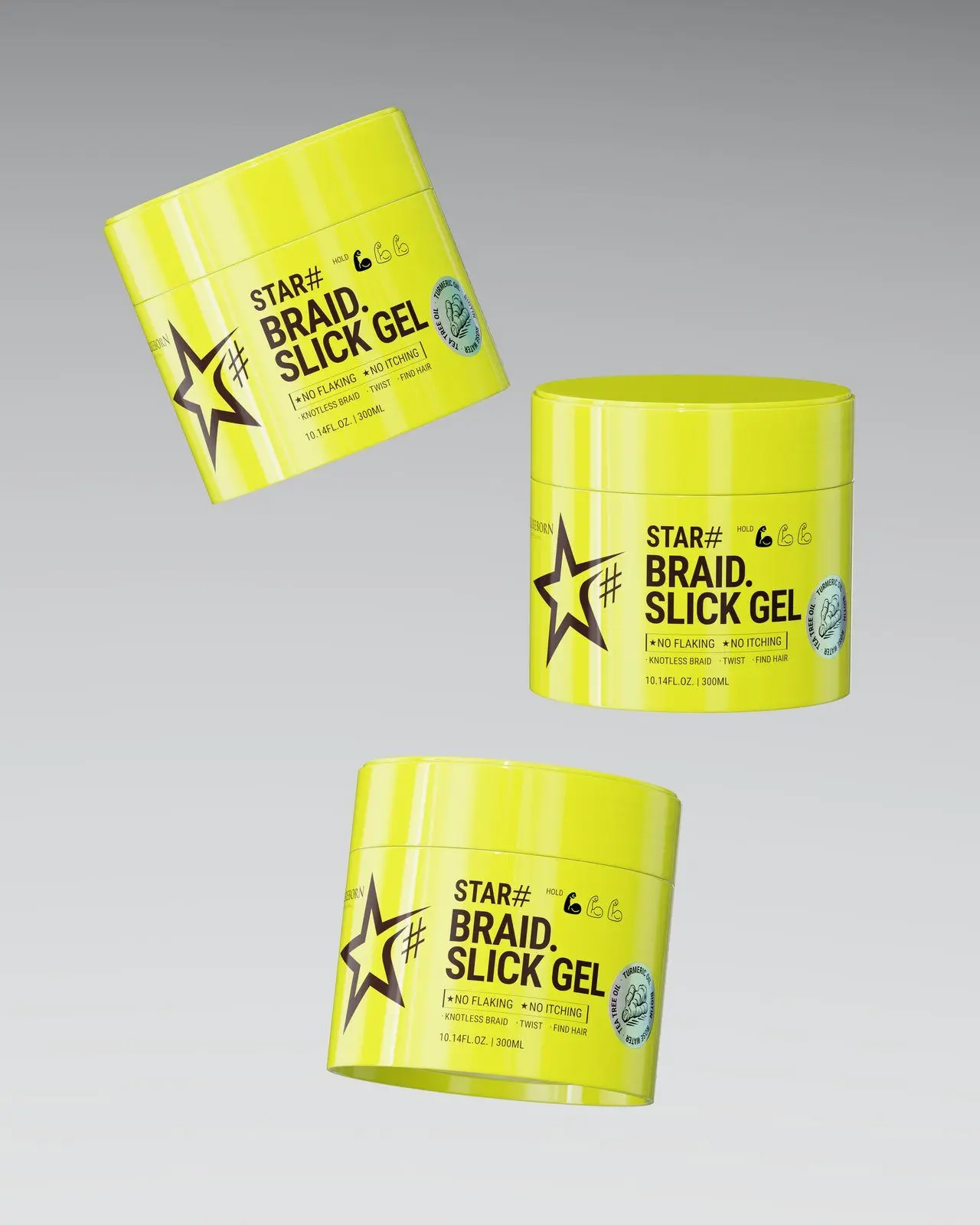 Three lime CELLREBORN STAR# Braid Slick Gel jars floating against a grey gradient