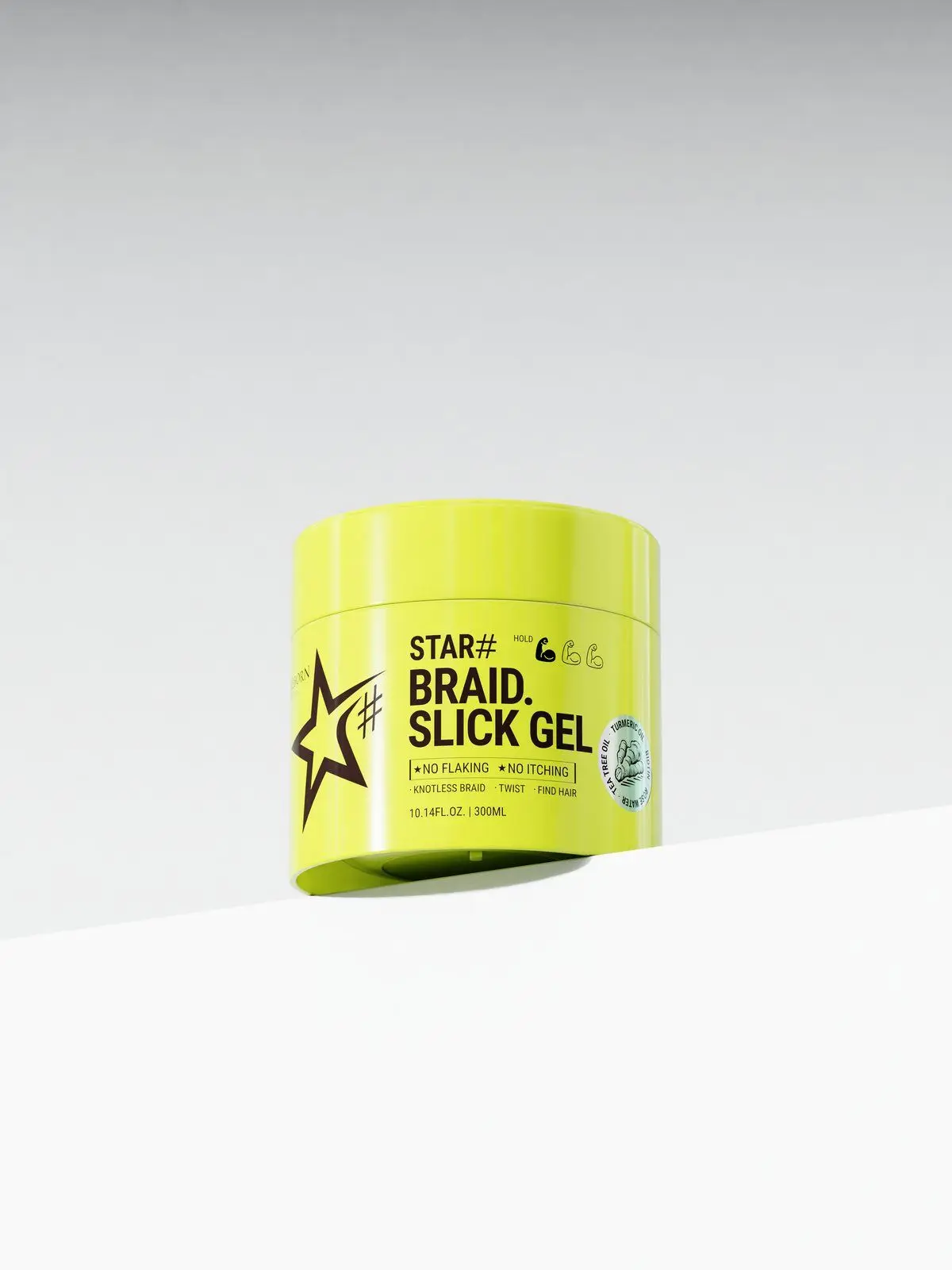 Lime CELLREBORN STAR# Braid Slick Gel jar on a white ledge against a grey backdrop