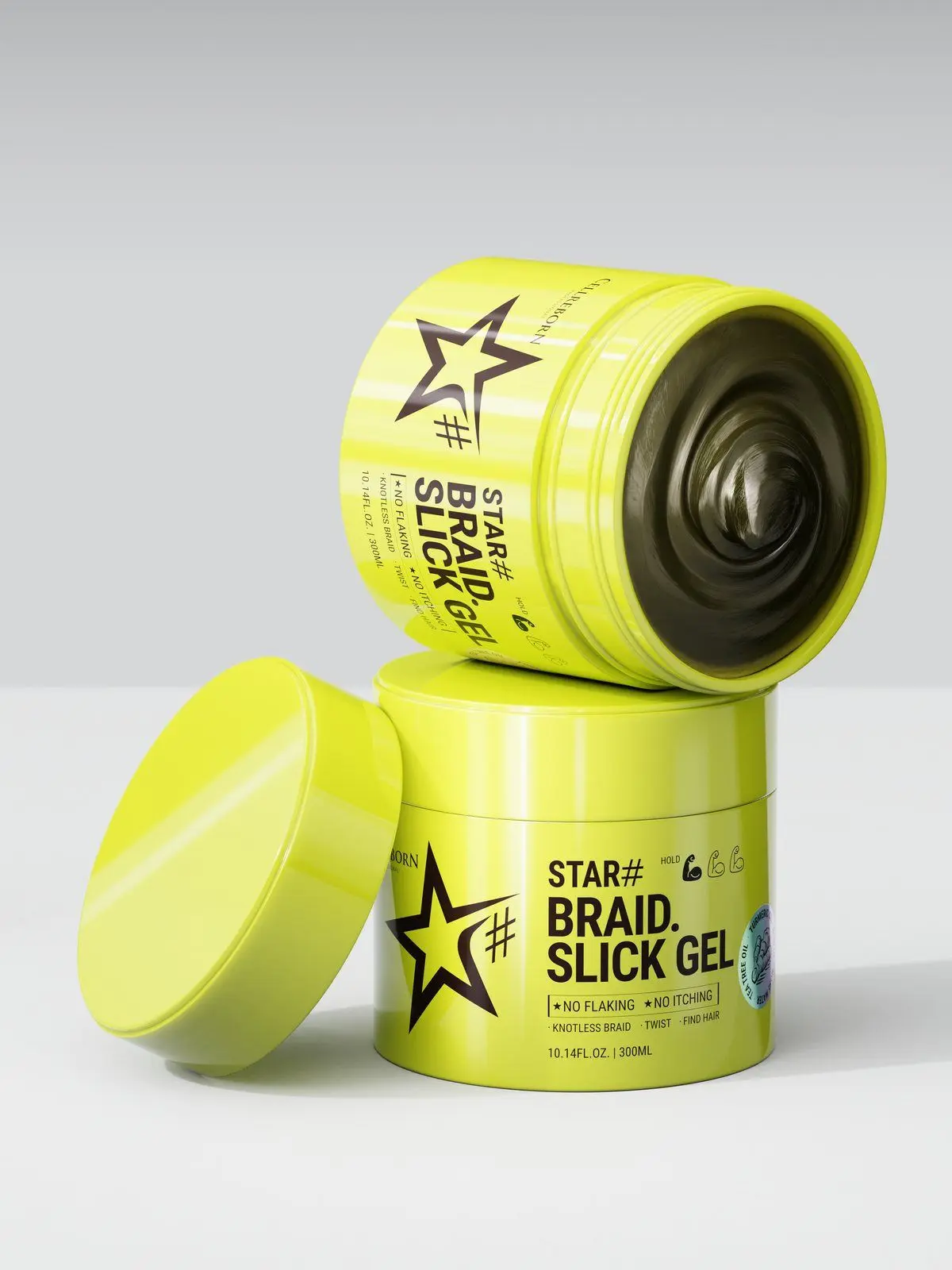 Two lime CELLREBORN STAR# Braid Slick Gel jars, one open showing the gel, with a lid beside them