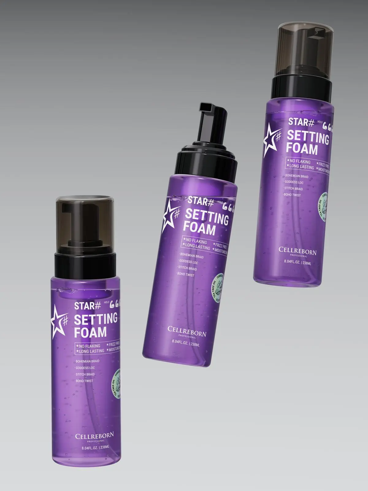 Three violet CELLREBORN STAR# Setting Foam bottles floating against a grey gradient