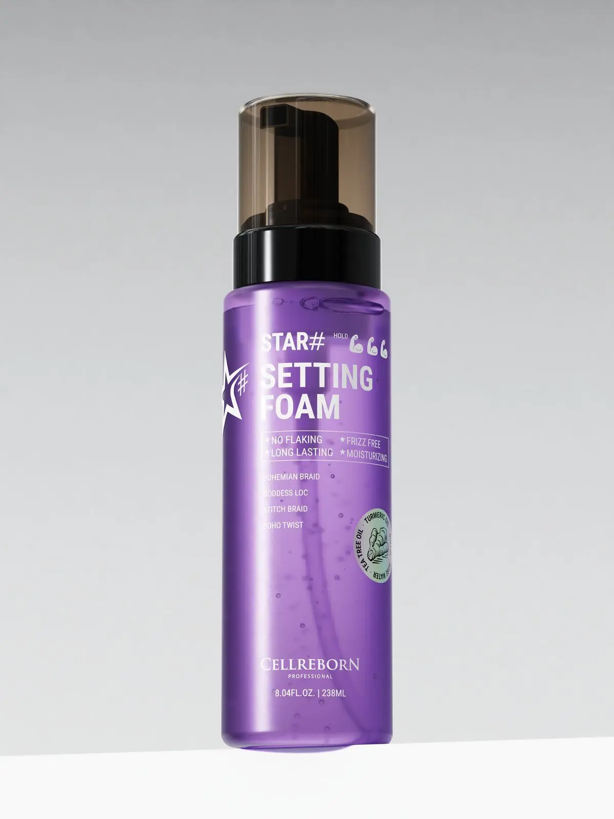 Violet CELLREBORN STAR# Setting Foam bottle with a dark pump cap on a white ledge